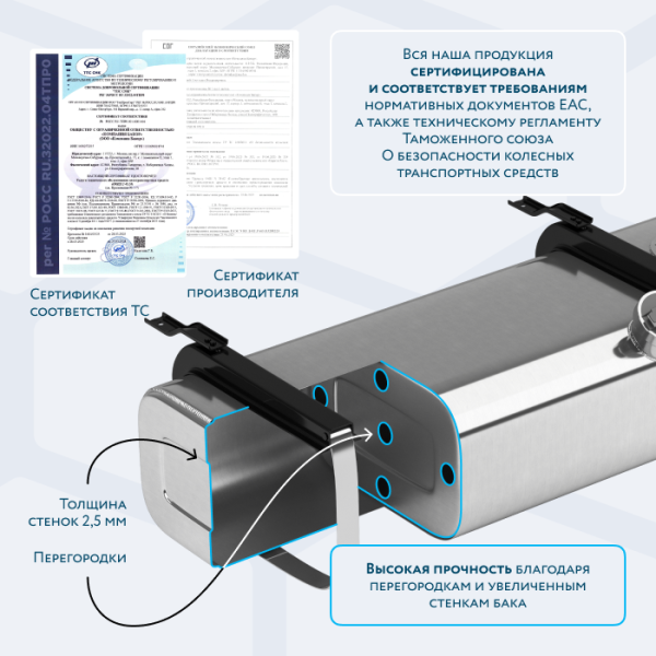 Алюминиевый топливный бак (аналог 65205-1101010-20) 400 л. (650х700х980)
